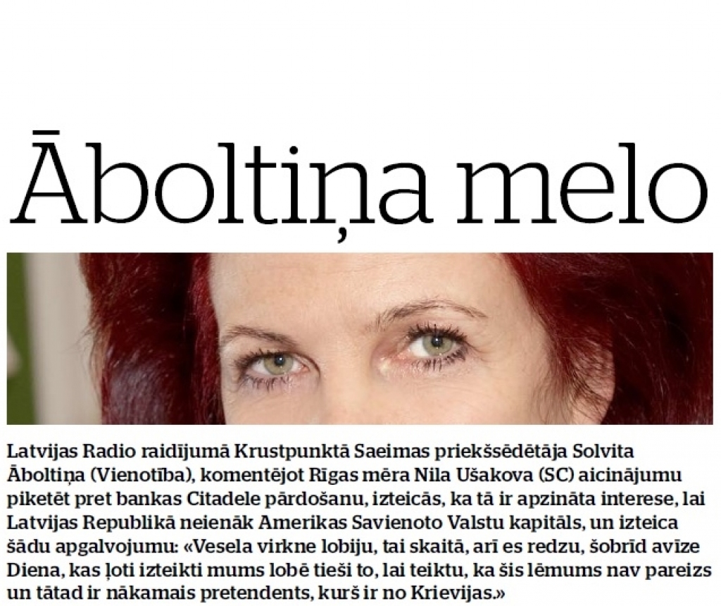 Diena pieprasa Solvitai Āboltiņai atsaukt melīgos apgalvojumus