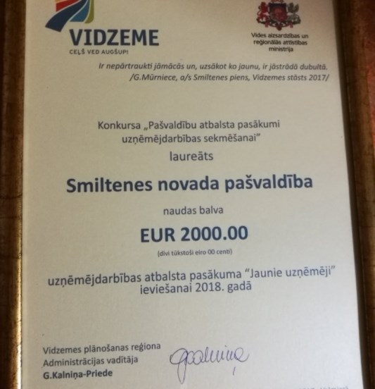 Smiltenes novada pašvaldībai balvā 2000 eiro