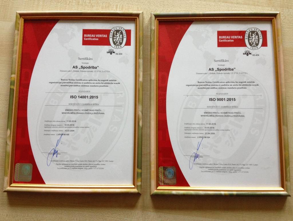 Spodrība pirmā Latvijā iegūst jaunās redakcijas ISO 14001:2015 sertifikātu