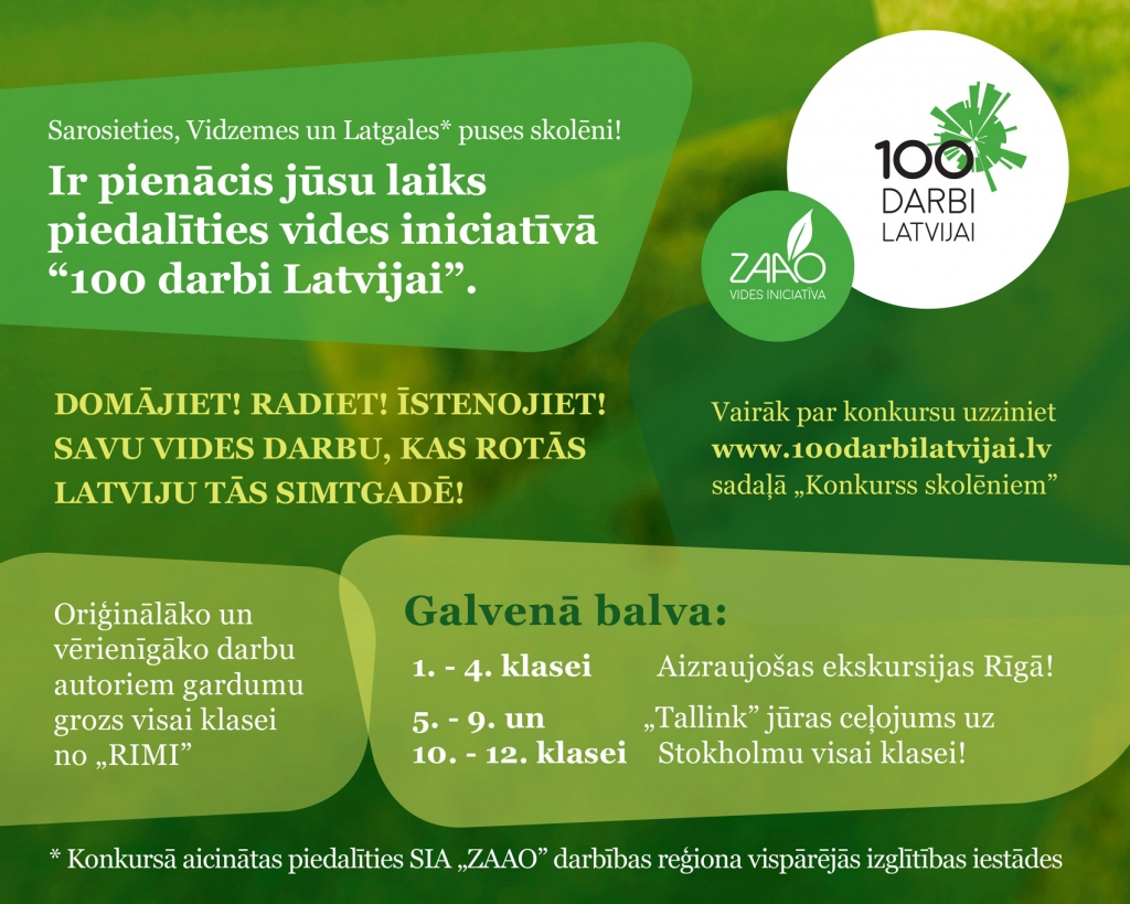 Vides iniciatīvas „100 darbi Latvijai” skolu konkurss notiks arī šajā mācību gadā
