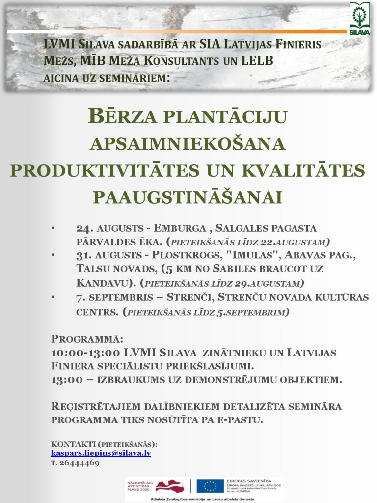 Seminārs "Bērza plantāciju apsaimniekošana produktivitātes un kvalitātes paaugstināšanai"